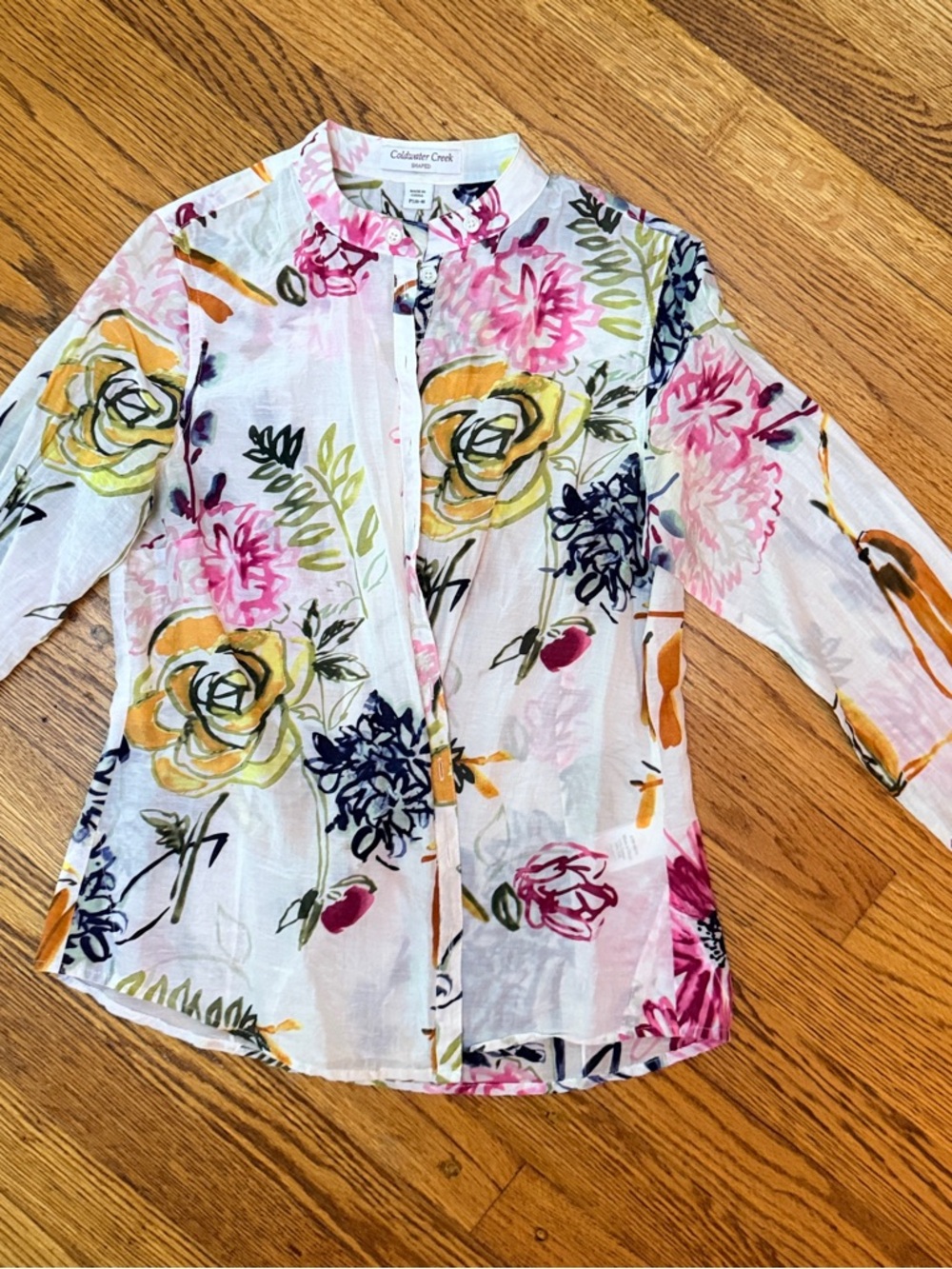 Coldwater Creek White Floral Shirt with Pink, Yellow & Navy Accents